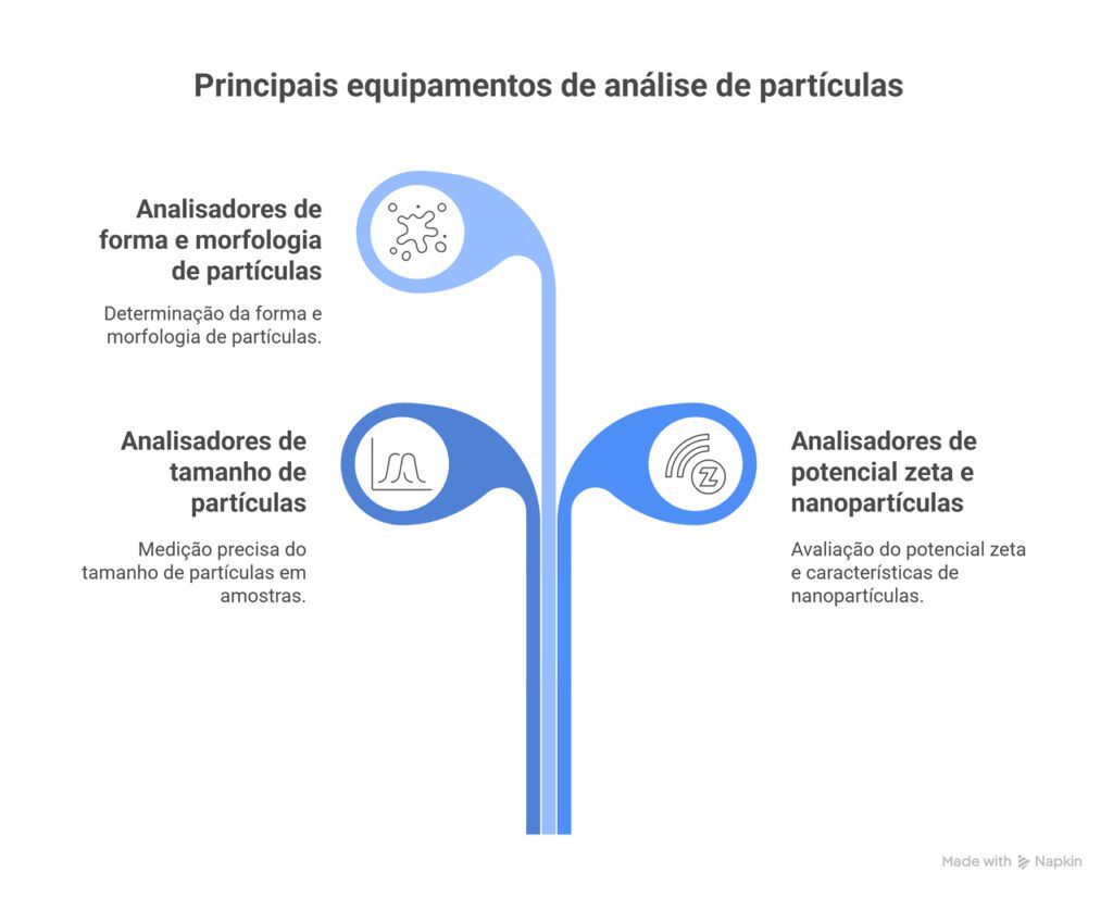 Infográfico ilustrando três tipos de equipamentos de análise de partículas: analisadores de forma e morfologia, de tamanho e de potencial zeta. Cada categoria é representada com ícones e descrições, destacando aplicações em ciência dos materiais, farmacêutica e nanotecnologia.