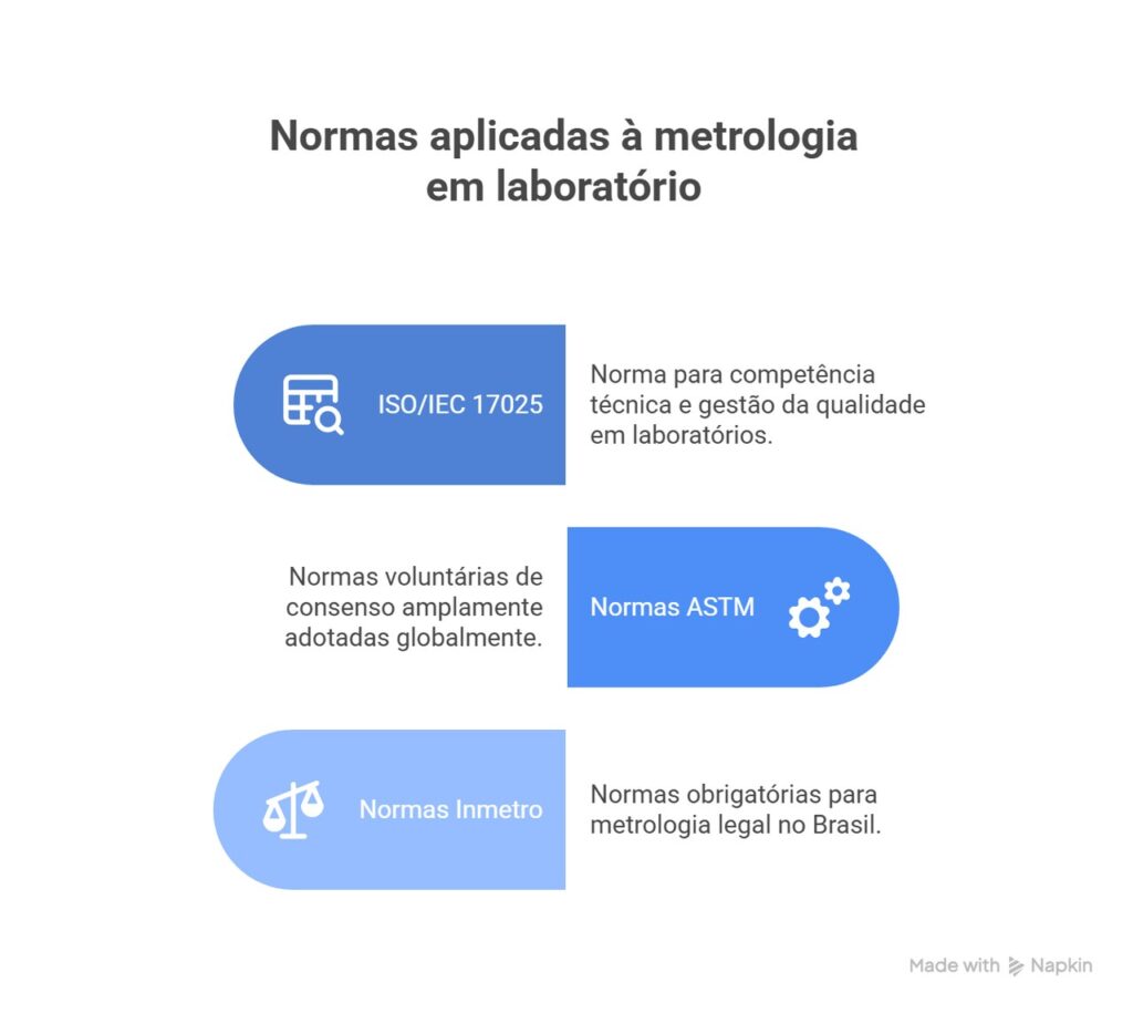  Infográfico sobre normas aplicadas à metrologia em laboratório, destacando ISO/IEC 17025, ASTM e Inmetro, com ícones ilustrativos e descrições sobre competência técnica, qualidade, consenso global e exigências legais brasileiras.