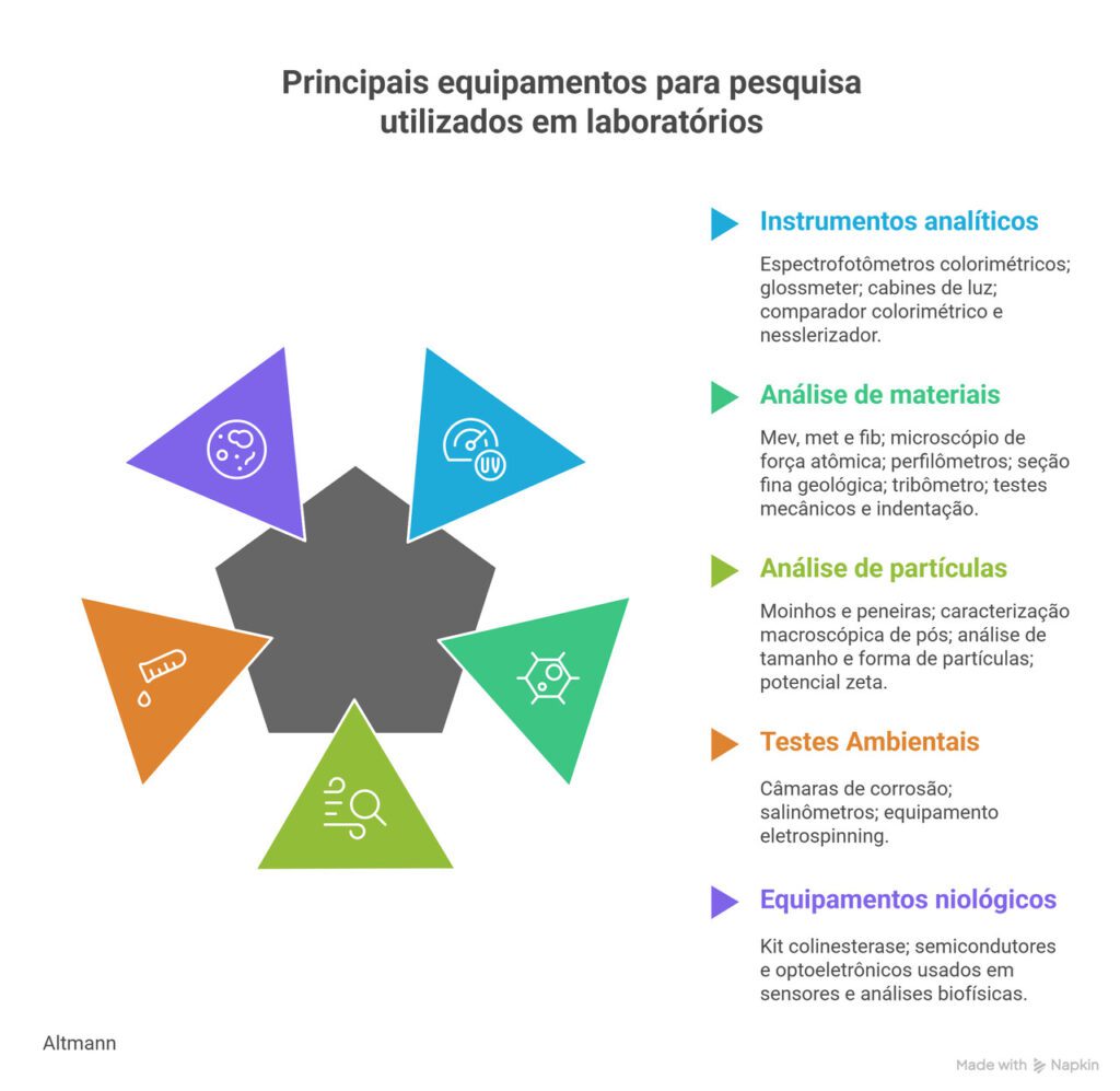 Infográfico ilustrativo apresenta cinco categorias de equipamentos para pesquisa usados em laboratórios: instrumentos analíticos, análise de materiais, partículas, testes ambientais e biológicos, com ícones e descrições técnicas.