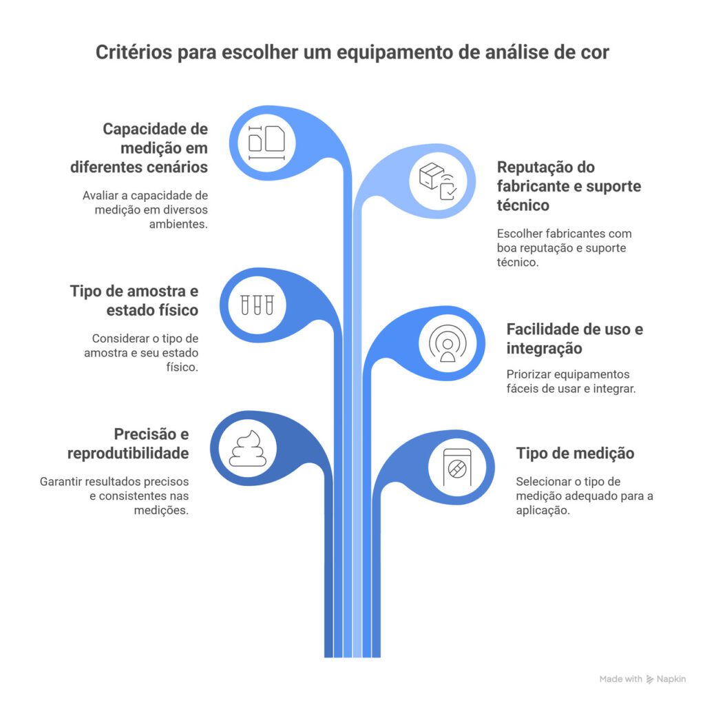 Infográfico apresenta seis critérios essenciais para escolher equipamentos de análise de cor: capacidade de medição, reputação do fabricante, tipo de amostra, facilidade de uso, precisão e tipo de medição. Guia visual útil para profissionais de análise de cor.