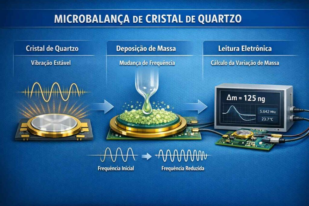 Ilustração do funcionamento da microbalança de cristal de quartzo: vibração estável, deposição de massa altera frequência, leitura eletrônica calcula variação de massa com alta precisão, exibindo Δm, frequência e temperatura.