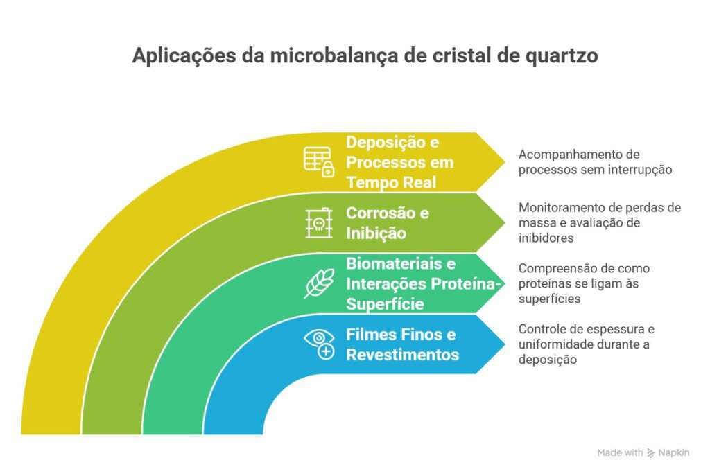 Infográfico destaca aplicações da microbalança de cristal de quartzo: monitoramento em tempo real, análise de corrosão, estudo de biomateriais e controle de filmes finos, evidenciando sua versatilidade científica e industrial.