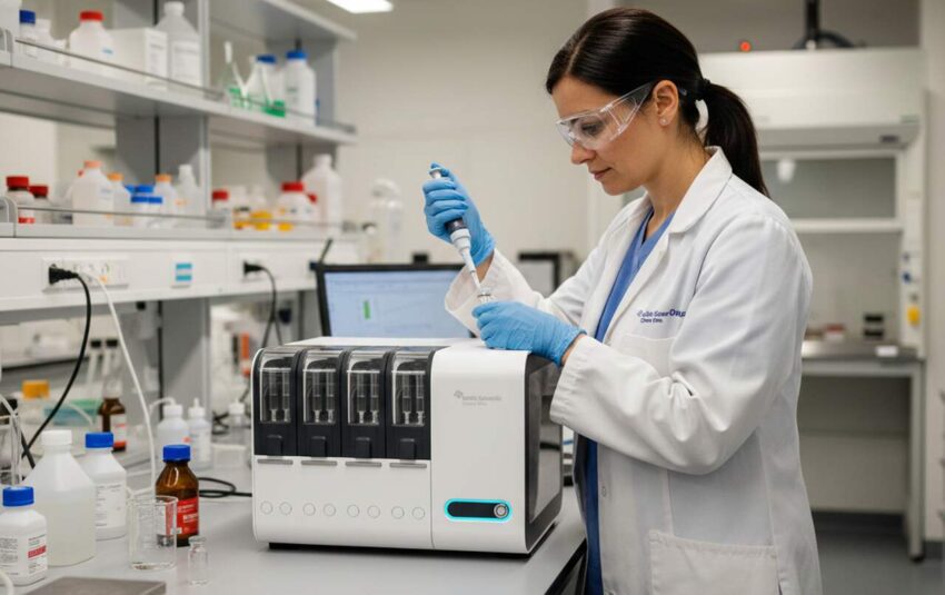 Laboratório moderno com pesquisadora operando equipamentos, incluindo microbalança de cristal de quartzo, destacando precisão na manipulação de amostras.